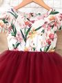 SHEIN Kids Nujoom Toddler Girls Floral Print Contrast Mesh A-line Dress