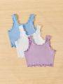 SHEIN Kids EVRYDAY Tween Girls' Knit Solid Color Short Sleeve Crop Top & Vest & Shorts 3pcs Casual Outfits