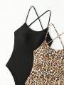 SHEIN Swim BAE Women's Solid Color And Leopard Printed One-piece Swimsuit With Matching Cover-up Set