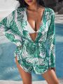 SHEIN Swim Vcay Women's Deep V-Neck Plant Print Cover Up