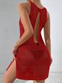 SHEIN Swim Vcay 1pc Crochet Open Back & Front Split Hem Cover Up Dress