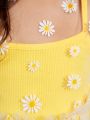 SHEIN Kids QTFun Young Girl Two Pieces Set Of Solid Color Spaghetti Strap Dress And Daisy Print Mesh Dress With Flying Sleeves