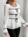 SHEIN Privé Valentine's Day Vacation Chiffon Bow Decorated Ruffle Sleeve Waist Cinched Blouse