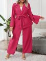 SHEIN Privé Plus Split Sleeve Belted Blazer & Wide Leg Pants