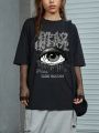 ROMWE Grunge Punk Cool And Casual Street Style Loose Fit Short Sleeve T-Shirt With Eye Pattern Design