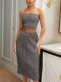 SHEIN Privé Solid Color Strapless Knitted Top And Knitted Skirt Set