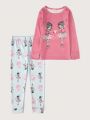 Girls' Dancing Girl Printed Long Sleeve Top And Pants Tight-fitting Pajamas Set
