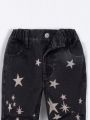 Boys' Street Cool Star Pattern Printed Black Straight-leg Jeans, Elastic Waist