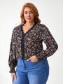 Amafemora Women's Plus Size Floral Print Lace Patchwork Top