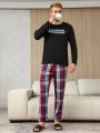 Men's Slogan Printed Long-sleeved T-shirt And Plaid Pants Homewear Set