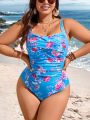 SHEIN Swim Curve Summer Beach Plus Size Floral Printed One-Piece Swimsuit With Pleated Details