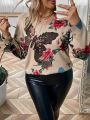 Plus Butterfly & Floral Pattern Drop Shoulder Sweater