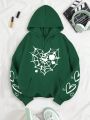 Women's Regular Fit Spider Web Printed Hooded Sweatshirt With Drawstring And Fleece Lining