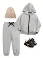 SHEIN Kids EVRYDAY Toddler Boys' Hooded Zipper Long Sleeve Jacket And Jogger Pants Set
