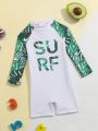 Infant Boys' Long Sleeve One-piece Swimsuit With Plant Pattern