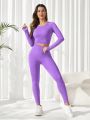 Yoga Basic Women's Solid Color Raglan Long Sleeve Crop Top And High Waist Leggings Sports Set