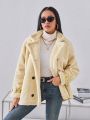 SHEIN Essnce Women's Lapel Collar Long Sleeve Plush Coat With Pointed Hem