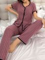 Women's Contrast Trim Lounge Wear Set With Knitted Ribbed Texture