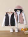 SHEIN Baby Girl 1pc Contrast Binding Zipper Hooded Vest Teddy Lined Reversible Coat