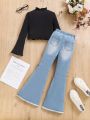 SHEIN 2pcs/Set Teen Girls' Flare Sleeve Knit T-Shirt + Denim Butterfly Decoration Flare Pants Outfit