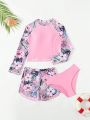 Tween Girl Tropical Print Rashguard Swimsuit With Bikini Bottoms And Shorts