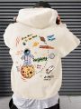 Men Plus Slogan & Astronaut Print Kangaroo Pocket Drawstring Hoodie