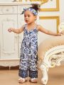 Baby Girls' Plant Patterned Belted Jumpsuit With Suspender Straps