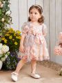 Baby Girls' Embroidered Floral Mesh Dress With Bow Decoration, Elegant & Romantic Party Dress For Festival