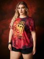 HOUSE OF THE DRAGON X SHEIN Plus Size Letter Pattern Tie Dye Short Sleeve T-Shirt