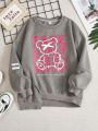 SHEIN Kids Nujoom Girls' Loose Fit Vintage Bear & Letter Print Decor Irregular Hem Round Neck Sweatshirt