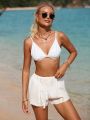 SHEIN Swim BohoFeel Solid Color Lace Patchwork Cover Up