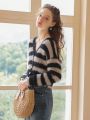 Striped Pattern Drop Shoulder Crop Fuzzy Cardigan