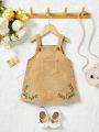 SHEIN Baby Girl Lovely Casual Corduroy Overall Dress With Floral Embroidery