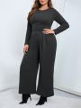 SHEIN Essnce Women'S Plus Size Round Neck Long Sleeve T-Shirt And Wide Leg Pants Two Piece Set