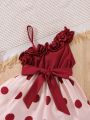 Baby Polka Dot Asymmetrical Neck Belted Dress