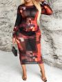 SHEIN SXY Plus Size Women'S Tie-Dye Mesh Slim Fit Dress