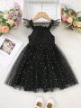 SHEIN Kids CHARMNG Gorgeous And Romantic Little Girl's Slim-Fitting Sequined Mesh Dress With Flying Sleeves, Summer