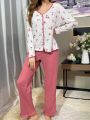 Women's Floral Print Pajama Set With Contrast Trim