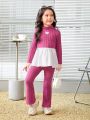 SHEIN Kids KDOMO Toddler Girls' Slim Fit Academy Style Half Turtleneck Top And Long Pants Set