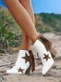 Styleloop Vintage Western Style Stitching Five-pointed Star & Tassel Design Cowboy Boots For Farm, Riding, Motorcycle, Etc.