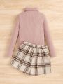 SHEIN Kids CHARMNG Girls' Knitted Solid Color Stand Collar Top With Plaid Woven Shorts Romantic 2pcs Set