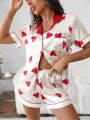 Notched Collar Contrast Binding Heart Print Satin PJ Set