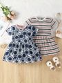 Baby Girl Spring/Summer Comfortable Casual Striped Floral Dress 2pcs/Set