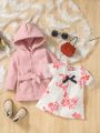 British Style Baby Girls' Suit, Hooded Lapel Belted Woolen Overcoat & Straight Flower Mesh Dress, Suitable For Cute Lady Elegant And Fashionable Autumn/Winter Season