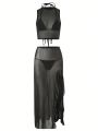 SHEIN Swim BAE Women's Mesh Lace-Up Top And Slit Skirt Cover Up