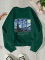 Oil Painting & Slogan Graphic Thermal Lined Sweatshirt