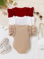 SHEIN Baby Girl 3pcs Casual Knitted Solid Color Ruffle Edge Romper With Snap Crotch