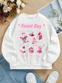 Girls' Sweet Dessert & Letter Print Round Neck Fleece Sweatshirt For Big Kids