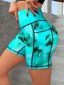 Yoga Funny Tie Dye Top-stitching Wideband Waist Sports Shorts With Phone Pocket
