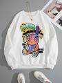 Teen Girl Cartoon & Letter Graphic Thermal Lined Sweatshirt